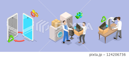3D Isometric Flat Vector Illustration of Green Disposal, E-waste Recycling 124206736