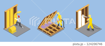 3D Isometric Flat Vector Illustration of Spray Foam Insulation, Construction Service, House Renovation 124206746