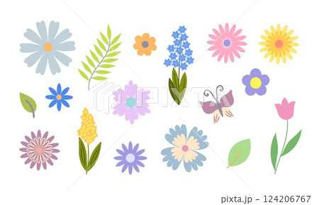 Flowers, leaves, butterfly set, hand drawn flat style vector illustration, symbol of spring, cozy home, spring Easter holidays celebration decor, clipart for cards, banner, springtime decoration 124206767