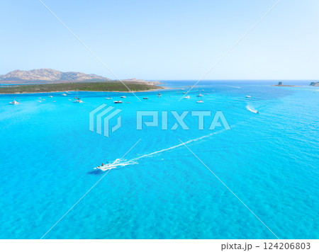 Vacation and leisure. Aerial view on fast boat on blue Mediterranean sea at sunny day. 124206803