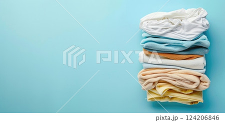 a neat stack of colorful clean laundry, a horizontal banner for a cleaning company or laundry, a poster, a minimalistic blue background, copy space, free space for text 124206846