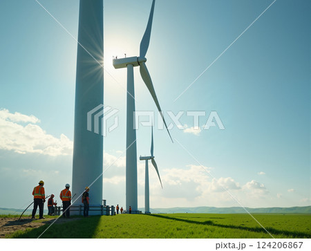 Panoramic view of large wind turbines standing in a lush green field under bright midday sunlight. Engineers in orange safety gear are performing maintenance on one of the turbines. AI-generated 124206867