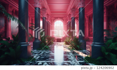 Corridor of pink columns and green plants in vaporwave styled hotel. Generated AI. 124206902