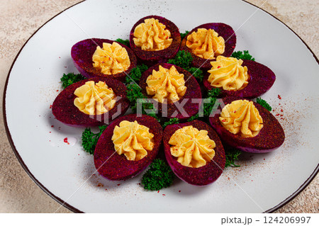 stuffed eggs, stained with beetroot juice, purple, pitaya powder, top view, top view, close-up, no people, stuffed eggs, stained with beetroot juice, purple, pitaya powder, top view, top view, close-up, no people, 124206997
