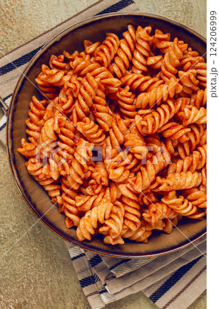 fusilli pasta dish, made with tomato sauce, homemade, no people, 124206999