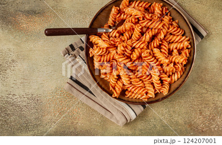fusilli pasta dish, made with tomato sauce, homemade, no people, fusilli pasta dish, made with tomato sauce, homemade, no people, 124207001