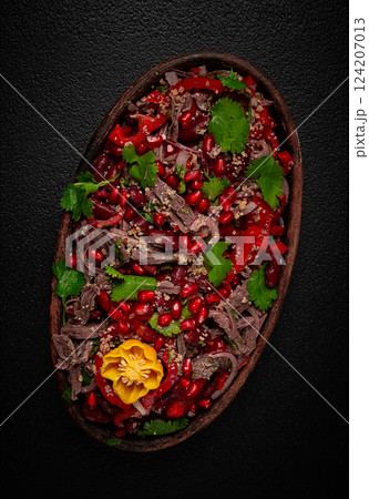 Georgian salad Tbilisi, boiled beef, with red beans and onions, sweet pepper, walnut and pomegranate, homemade, no people, Georgian salad Tbilisi, boiled beef, with red beans and onions, sweet pepper, walnut and pomegranate, homemade, no people, 124207013