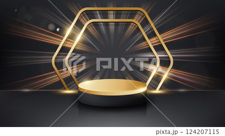 Luxury Product Display Podium and Gold Frame, Vector Illustration 124207115