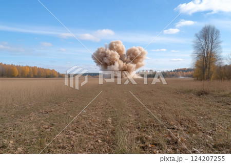large cloud of smoke rises from a field in the autumn. 124207255