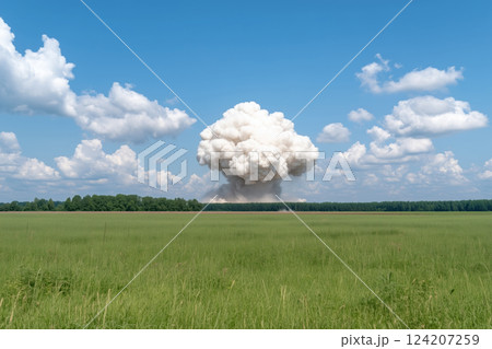 large cloud of smoke after explosion rises above a green field in summer. large cloud of smoke after explosion rises above a green field in summer. 124207259
