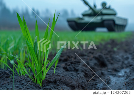 spring field and military tank in the backgroundのイラスト素材 [124207263] - PIXTA