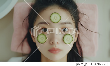 A young Asian woman with circles of cucumber on her face with a smooth, radiant skin.  124207272