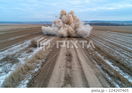 Aerial view of a large explosion over a field road in winter 124207405