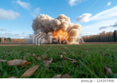 huge explosion with smoke and flames in the field 124207406