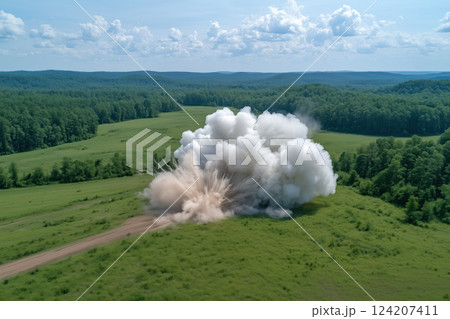Aerial view of a large explosion on the dirt road in the forest 124207411
