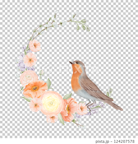 Bird sitting on Spring Flowers Wreath. Floral composition with Ranunculus and Iceland Poppies Flowers, Freesia, Peach or Cherry and Snow Willow Branches. Hand painted botanical illustration isolated Bird sitting on Spring Flowers Wreath. Floral composition with Ranunculus and Iceland Poppies Flowers, Freesia, Peach or Cherry and Snow Willow Branches. Hand painted botanical illustration isolated 124207578