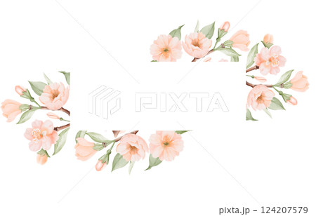 Horizontal frame, border with Blossoming Branch of Peach or Cherry Flowers. Hand drawn watercolor illustration on a white background, logos, banners, templates and cosmetic design. 124207579