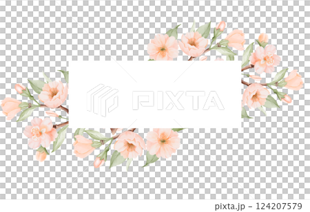 Horizontal frame, border with Blossoming Branch of Peach or Cherry Flowers. Hand drawn watercolor illustration on a white background, logos, banners, templates and cosmetic design. 124207579