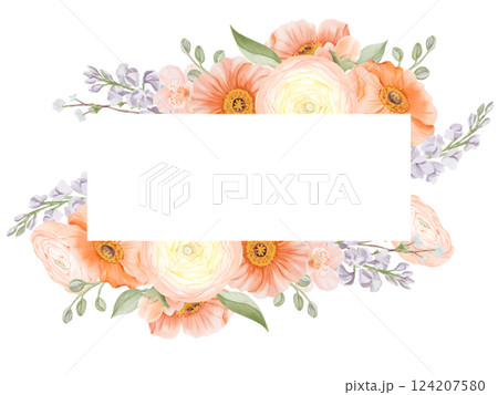 Horizontal frame, border with Ranunculus, Iceland Poppies, Freesia, Peach or Cherry and Snow Willow Branches. Hand drawn spring floral illustration isolated on a white background. For cards, logos 124207580