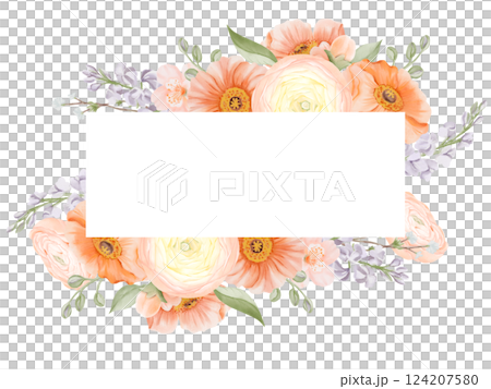 Horizontal frame, border with Ranunculus, Iceland Poppies, Freesia, Peach or Cherry and Snow Willow Branches. Hand drawn spring floral illustration isolated on a white background. For cards, logos 124207580