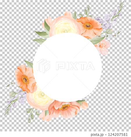 Spring floral Circle frame with Ranunculus, Iceland Poppies, Freesia, Peach or Cherry and Snow Willow Branches. Hand painted botanical illustration isolated on a white background. For cards, logos Spring floral Circle frame with Ranunculus, Iceland Poppies, Freesia, Peach or Cherry and Snow Willow Branches. Hand painted botanical illustration isolated on a white background. For cards, logos 124207581