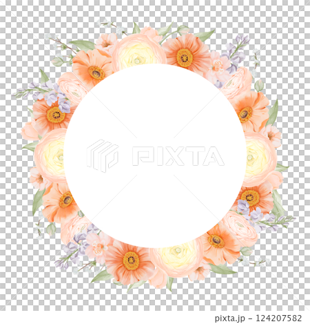 Circle frame with Spring Flowers in pastel colors. Ranunculus, Iceland Poppies, Freesia, Peach or Cherry and Snow Willow Branches. Hand painted botanical illustration isolated on a white background Circle frame with Spring Flowers in pastel colors. Ranunculus, Iceland Poppies, Freesia, Peach or Cherry and Snow Willow Branches. Hand painted botanical illustration isolated on a white background 124207582