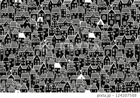 Black and white seamless pattern with cute houses. 124207588