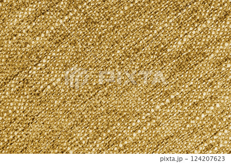 Yellow Jacquard fabric with large loose diagonal woven, coarse weave texture background 124207623