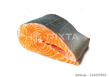 Fresh raw salmon or trout steak, fillet isolated on white background, seafood, food ingredient Fresh raw salmon or trout steak, fillet isolated on white background, seafood, food ingredient 124207645