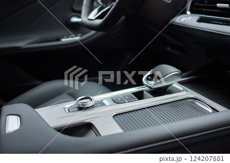 Selector automatic transmission with leather in the interior of a modern expensive car. The background is blurred. Black and brown leather car. Selector automatic transmission with leather in the interior of a modern expensive car. The background is blurred. Black and brown leather car. 124207881