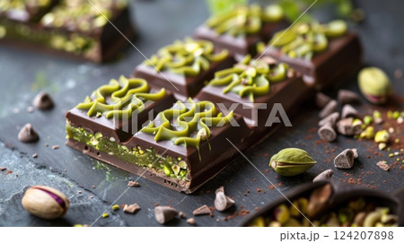 A chocolate bar with green pistachio pasta with pieces of nut filling inside. Dubai chocolate  124207898