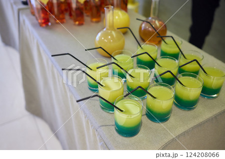 Set of cold snacks, canape, beverages, closeup Set of cold snacks, canape, beverages, closeup 124208066