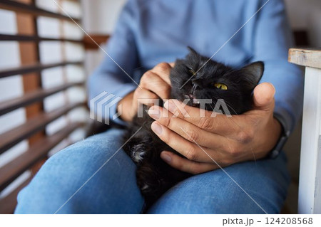 young man holding and petting cute cat male young man holding and petting cute cat male 124208568