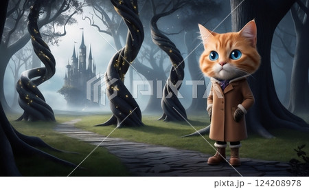 mysterious cat in fantasy cloak standing in enchanted forest for use in mystical artwork and storytelling visuals mysterious cat in fantasy cloak standing in enchanted forest for use in mystical artwork and storytelling visuals 124208978