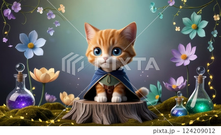 fantasy cat among glowing flora and mystical vials emitting colorful fog for storytelling and digital fantasy compositions 124209012