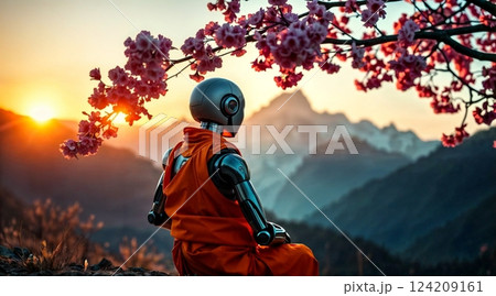 futuristic monk robot in peaceful contemplation with scenic evening backdrop for sci fi, relaxation, and digital meditation themes 124209161