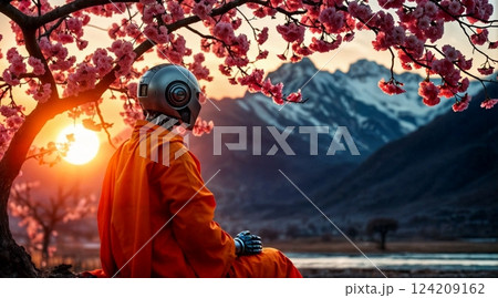 modern cyber monk relaxing in front of mountains during golden hour for futuristic spirituality, AI concepts, and nature inspired designs 124209162