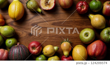 Fruits on a wooden table top view Fruits on a wooden table top view 124209374