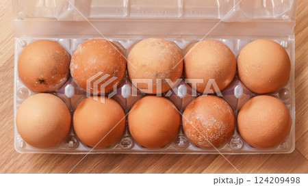 Mildew growing on mouldy eggs stored improperly in wet and cold fridge for long time. Ten pack in plastic packaging, view from above Mildew growing on mouldy eggs stored improperly in wet and cold fridge for long time. Ten pack in plastic packaging, view from above 124209498