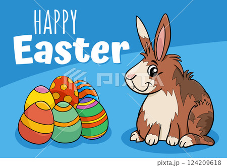 cartoon Easter Bunny with colored eggs greeting card cartoon Easter Bunny with colored eggs greeting card 124209618