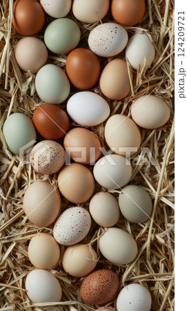Overhead view of multicolored organic chicken eggs on straw bedding. Speckled textures highlight pasture-raised poultry, authenticity, and farm traditions 124209721