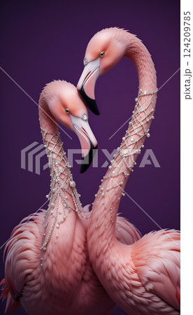 beautiful soft pink flamingos in diamond precious necklace  against purple background.  Digital art. Ai generated 124209785