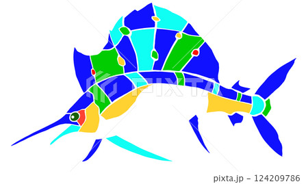 海水魚バショウカジキのカラフルステンドグラス画風切り絵イラスト目地無し 124209786
