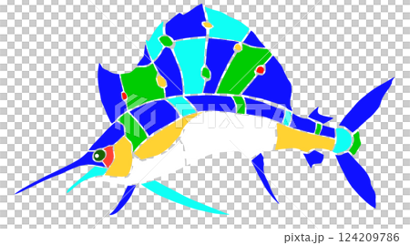 海水魚バショウカジキのカラフルステンドグラス画風切り絵イラスト目地無し 124209786