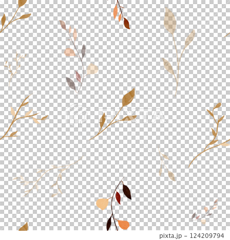 Seamess Pattern. Dry twigs and autumn petals. Repeating pattern hand drawn in a realistic style. White background. Botanical illustration for textile, greeting card, stationary wedding, home decor 124209794