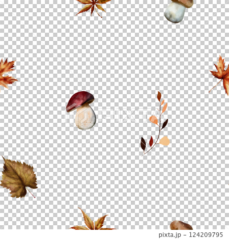 Watercolor seamless pattern with mushrooms, dry tree leaves and gold ornament. Botanical illustration, isolated on white background. For textile, print, tablecloth, invitations, curtains Watercolor seamless pattern with mushrooms, dry tree leaves and gold ornament. Botanical illustration, isolated on white background. For textile, print, tablecloth, invitations, curtains 124209795