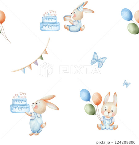 Seamless watercolor pattern for children's birthday. With a cute bunny, cake, butterfly, garlands and balloons. For printing, wrapping paper, scrapbooking, textiles. Holiday illustration. 124209800