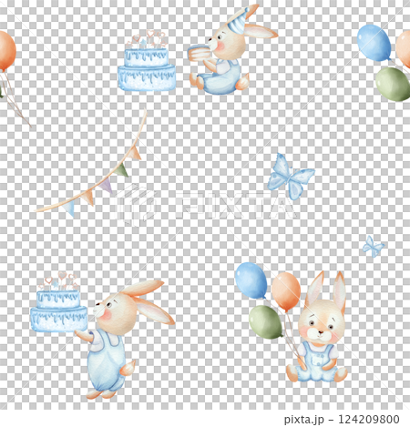 Seamless watercolor pattern for children's birthday. With a cute bunny, cake, butterfly, garlands and balloons. For printing, wrapping paper, scrapbooking, textiles. Holiday illustration. 124209800