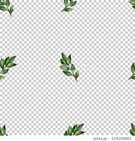 Watercolor seamless pattern with green twigs with leaves. Botanical illustration, isolated on white background. For textile, print, tablecloth, invitations, curtains Watercolor seamless pattern with green twigs with leaves. Botanical illustration, isolated on white background. For textile, print, tablecloth, invitations, curtains 124209801