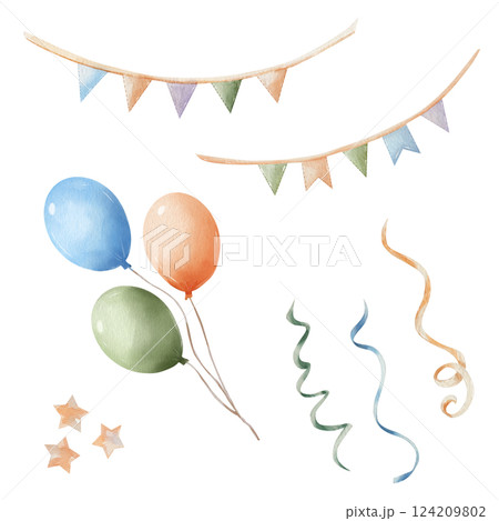 Balloons, stars, garlands, flags, streamers. Set of watercolor holiday elements for celebrating birthday, Christmas and other holidays isolated on a white background. Hand drawn Balloons, stars, garlands, flags, streamers. Set of watercolor holiday elements for celebrating birthday, Christmas and other holidays isolated on a white background. Hand drawn 124209802